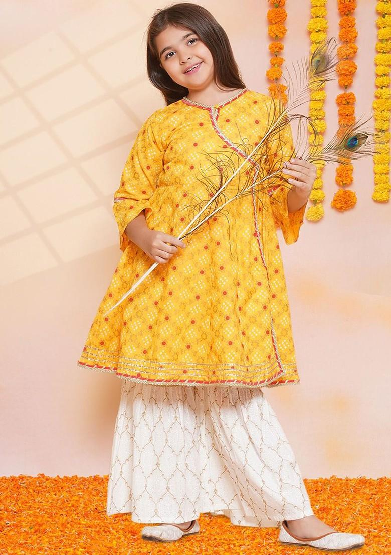 Yellow Girls Ethnic Motifs Printed Angrakha Gotta Patti Pure Cotton Kurta With Sharara