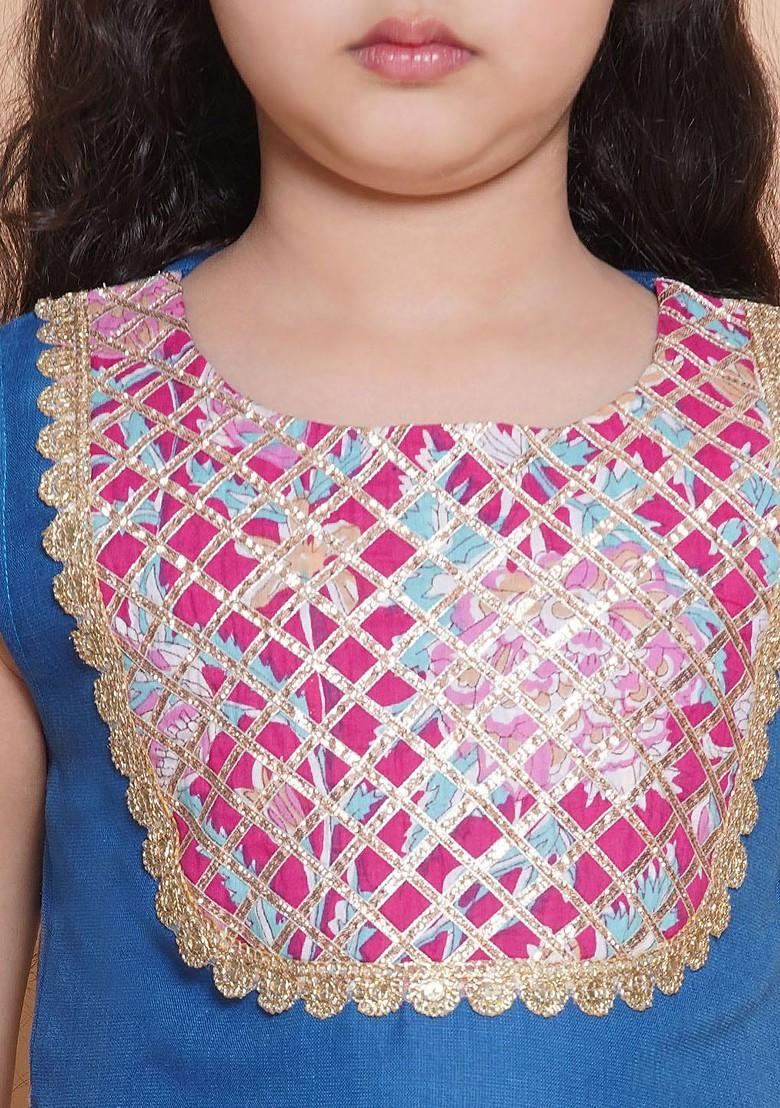 Blue Girls Floral Yoke Design Straight Gotta Patti Cotton Kurta With Sharara