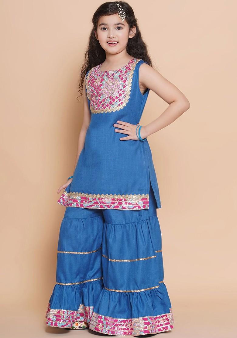 Blue Girls Floral Yoke Design Straight Gotta Patti Cotton Kurta With Sharara