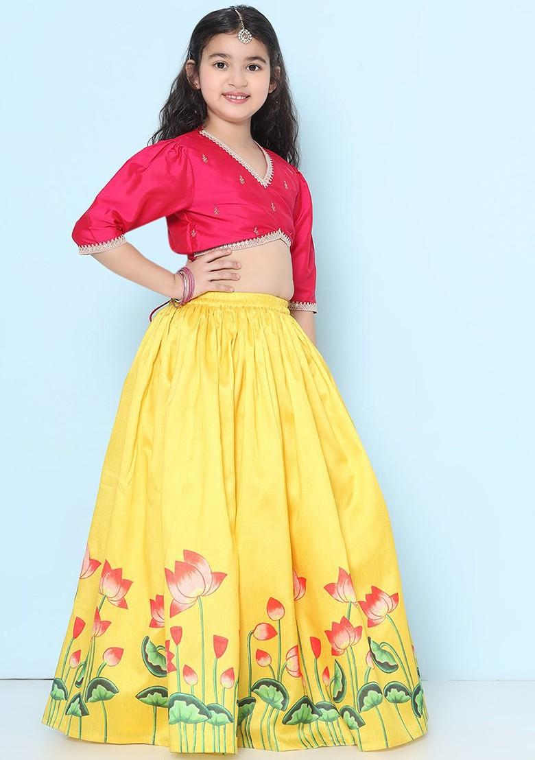 Yellow Girls Embroidered V Neck Ready To Wear Lehenga And Blouse With Dupatta