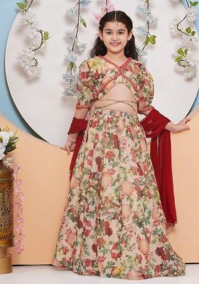 Beige Girls Printed Mirror Work Ready To Wear Lehenga And Blouse With Dupatta