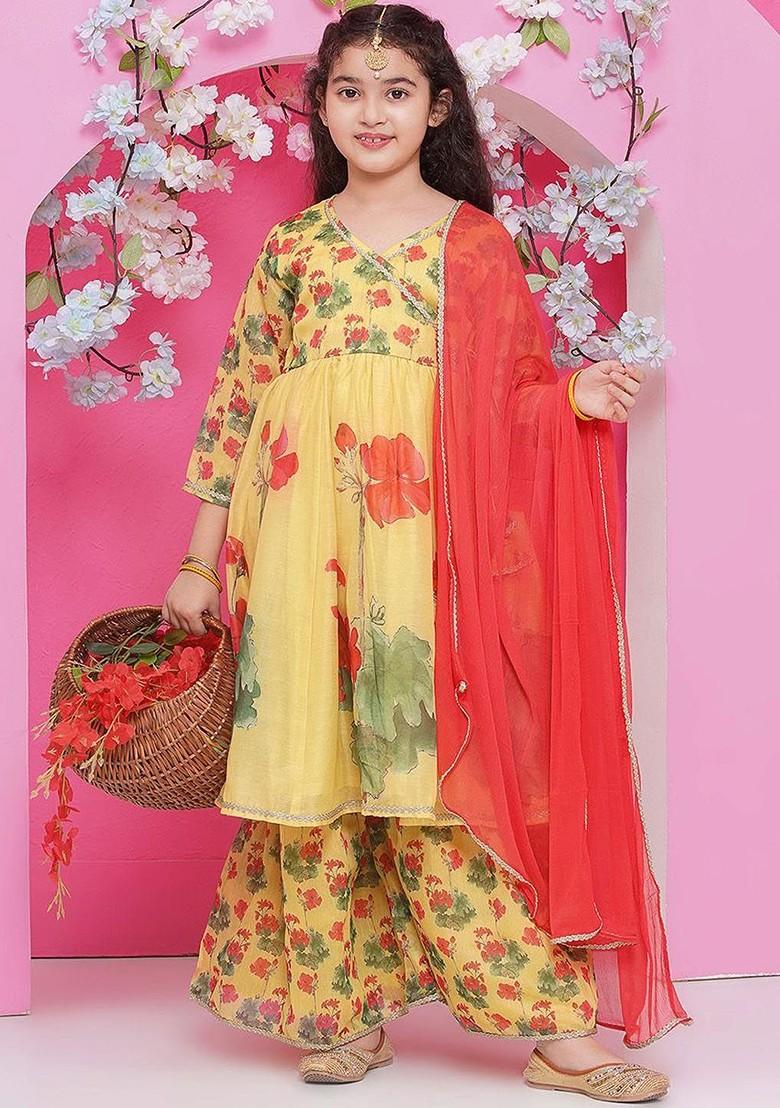 Yellow Girls Floral Printed V Neck Anarkali Kurta With Sharara And Dupatta
