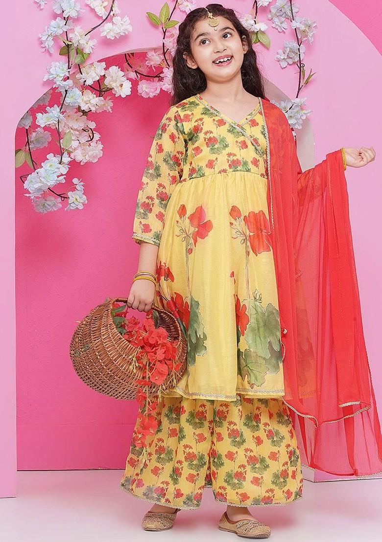 Yellow Girls Floral Printed V Neck Anarkali Kurta With Sharara And Dupatta