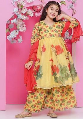 Yellow Girls Floral Printed V Neck Anarkali Kurta With Sharara And Dupatta
