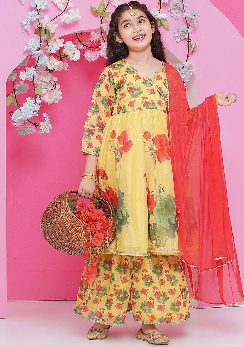 Yellow Girls Floral Printed V Neck Anarkali Kurta With Sharara And Dupatta