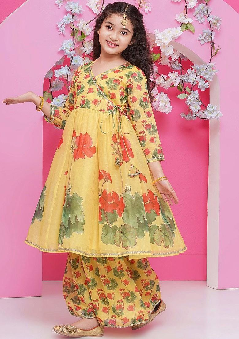 Yellow Girls Floral Printed V Neck Anarkali Kurta With Sharara And Dupatta