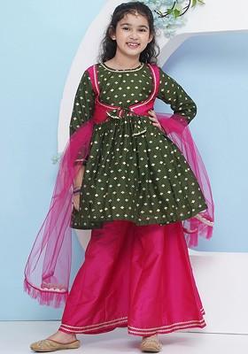 Green Girls Ethnic Motifs Empire Gotta Patti Kurta With Palazzos And With Dupatta