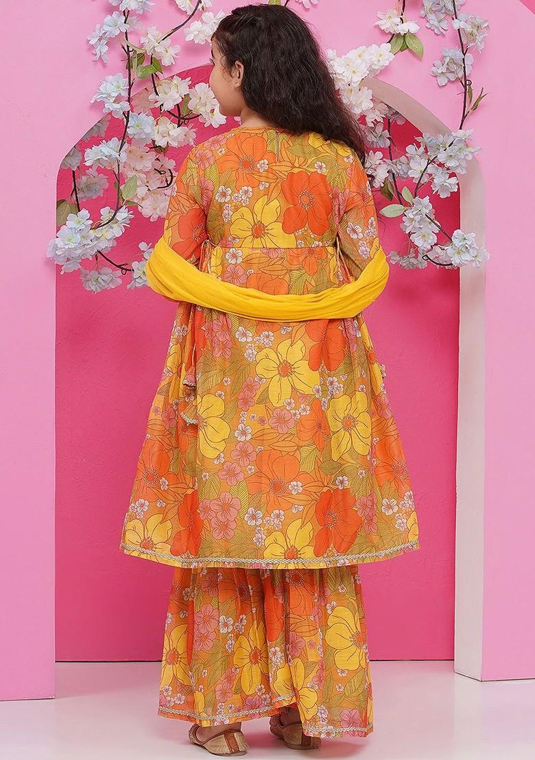 Yellow Girls Floral Printed Kurta With Sharara And Dupatta