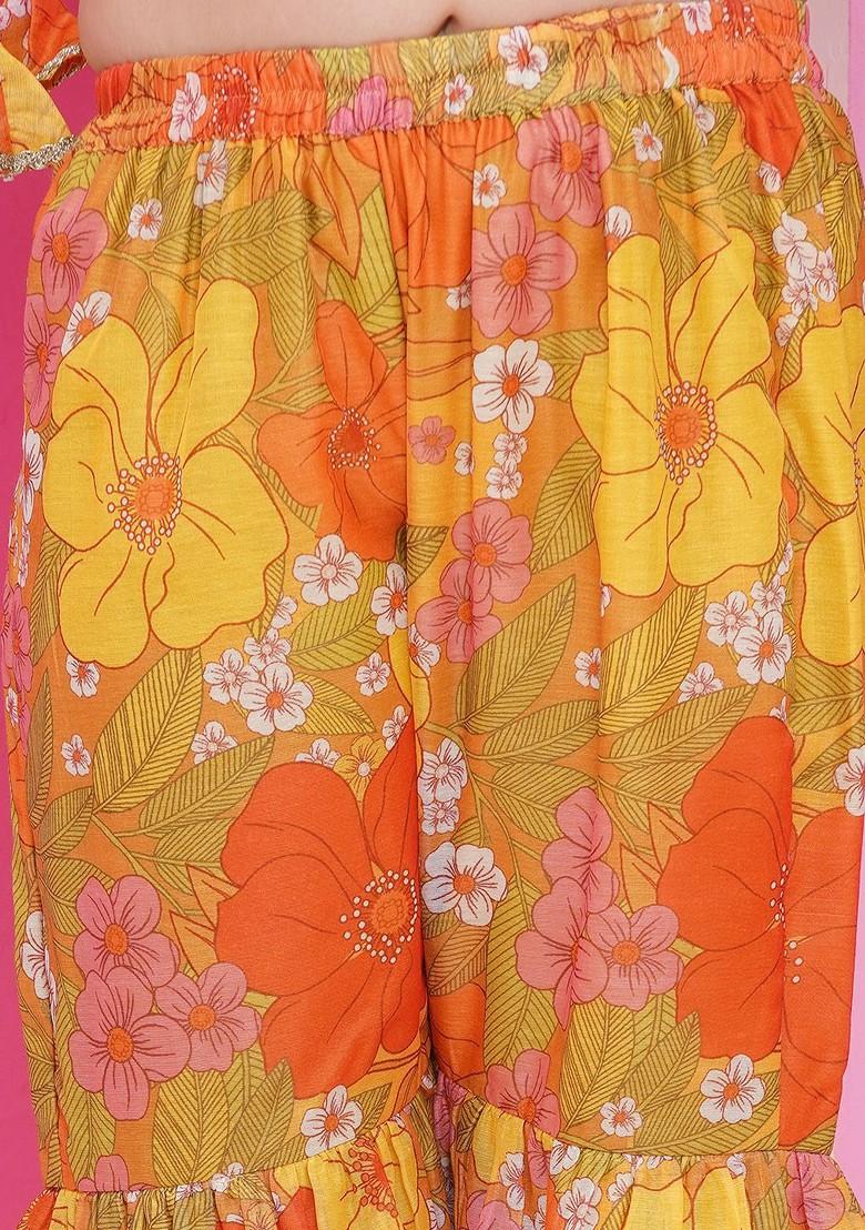 Yellow Girls Floral Printed Kurta With Sharara And Dupatta