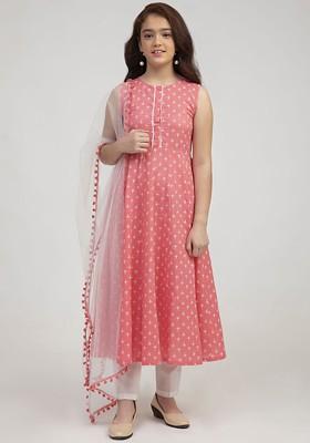 Pink Girls Floral Printed Cotton Kurta With Trousers And Dupatta