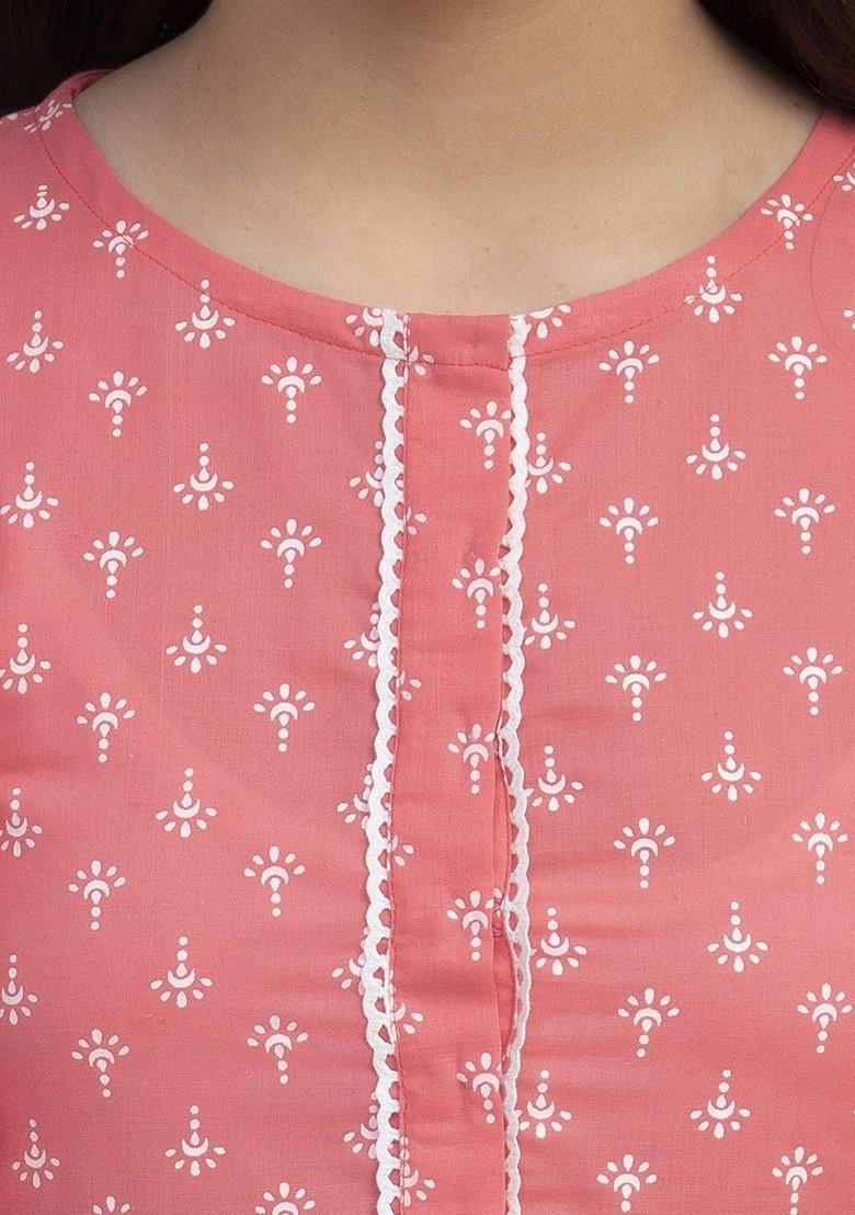 Pink Girls Floral Printed Cotton Kurta With Trousers And Dupatta