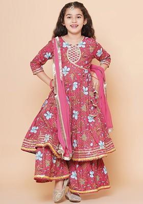 Pink Girls Floral Printed Cotton Kurta With Sharara And Dupatta
