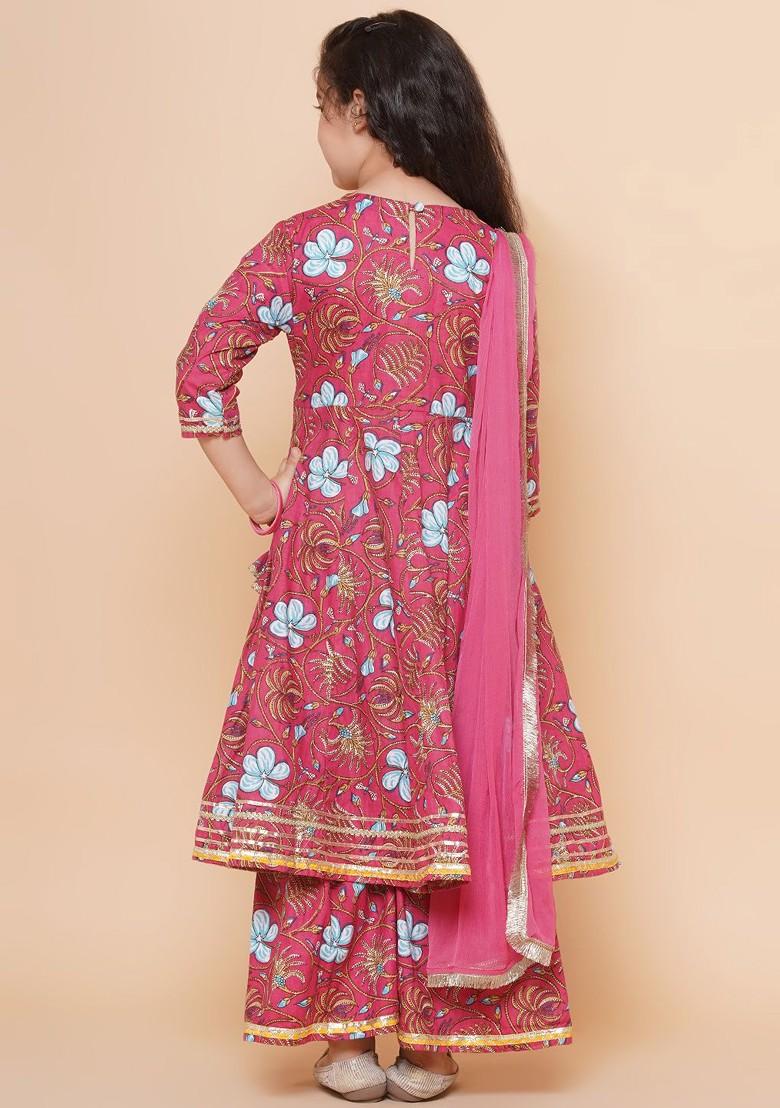 Pink Girls Floral Printed Cotton Kurta With Sharara And Dupatta