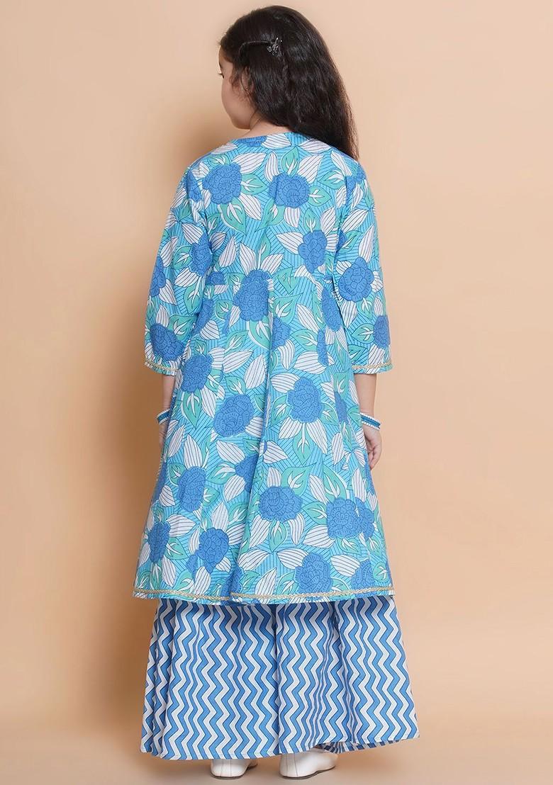 Blue Girls Floral Printed Cotton Kurta With Sharara