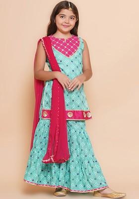 Green Girls Floral Printed Pure Cotton Straight Kurta With Sharara And Dupatta