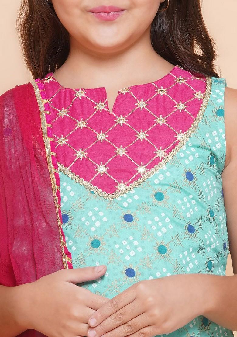 Green Girls Floral Printed Pure Cotton Straight Kurta With Sharara And Dupatta