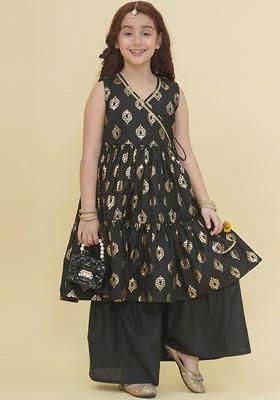 Black Girls Printed Pure Cotton Gotta Patti Angrakha Kurta With Sharara
