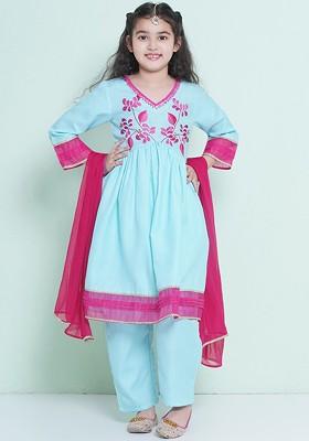 Blue Girls Floral Embroidered Sequinned Anarkali Kurta With Trousers And Dupatta