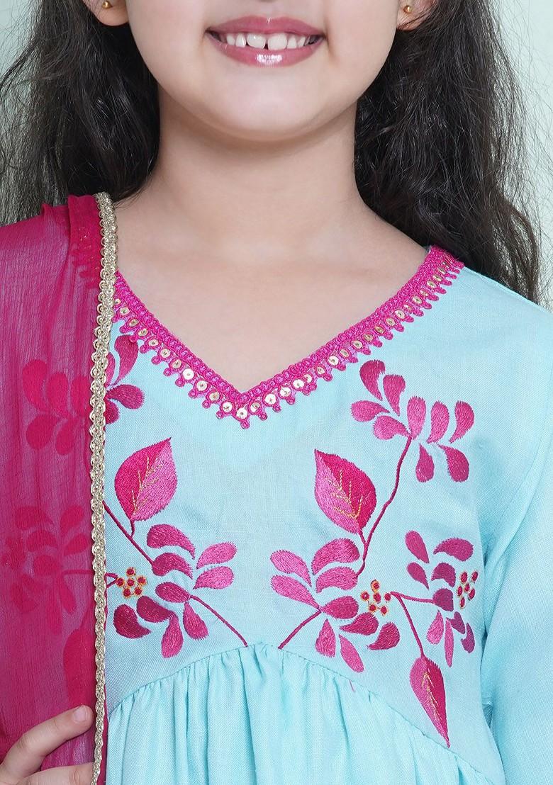 Blue Girls Floral Embroidered Sequinned Anarkali Kurta With Trousers And Dupatta
