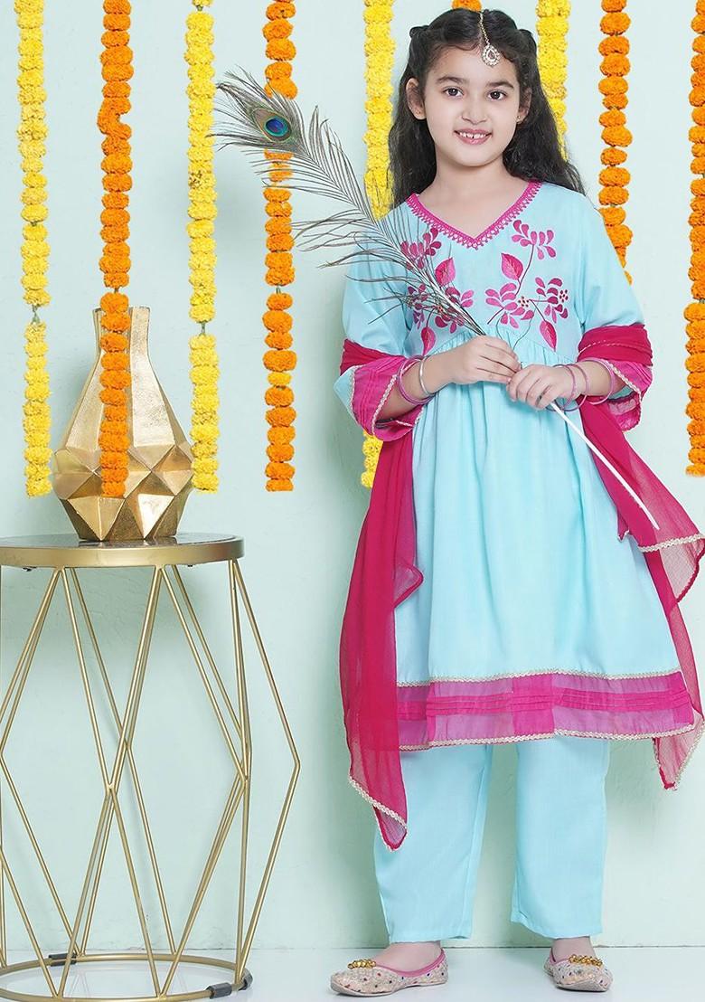 Blue Girls Floral Embroidered Sequinned Anarkali Kurta With Trousers And Dupatta