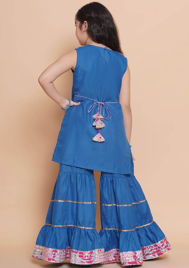 Blue Girls Floral Yoke Design Straight Gotta Patti Cotton Kurta With Sharara