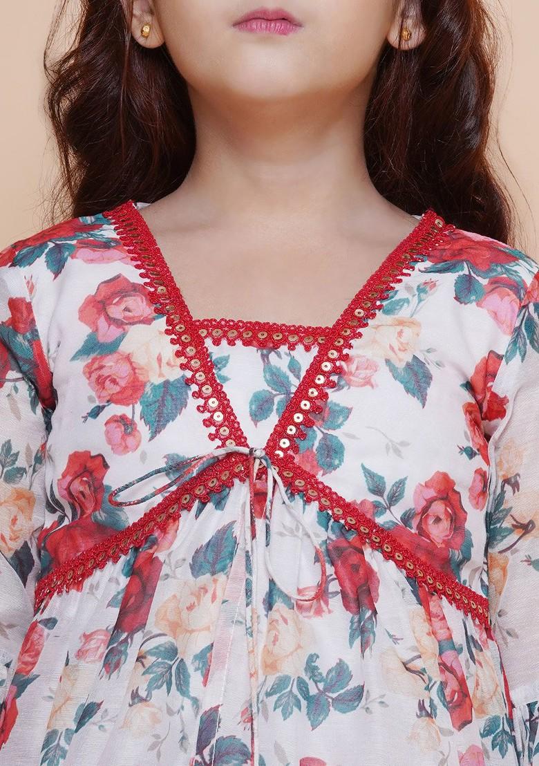 Off White Girls Floral Printed Empire A Line Sequinned Kurta With Sharara
