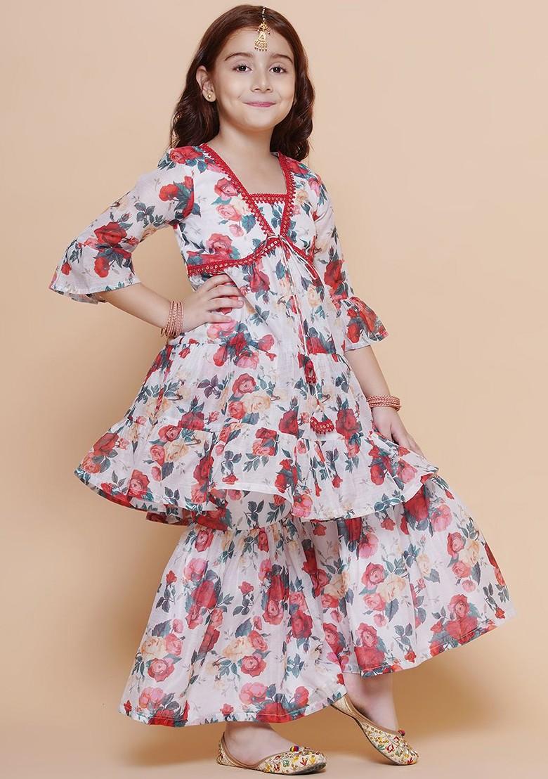 Off White Girls Floral Printed Empire A Line Sequinned Kurta With Sharara