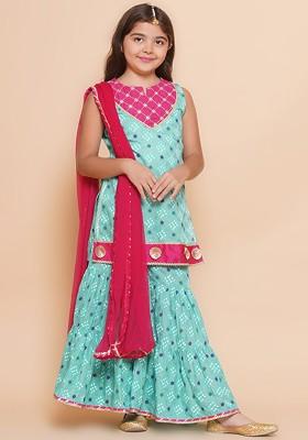 Sea Green Girls Ethnic Motifs Printed Empire Gotta Patti Kurta With Sharara And With Dupatta