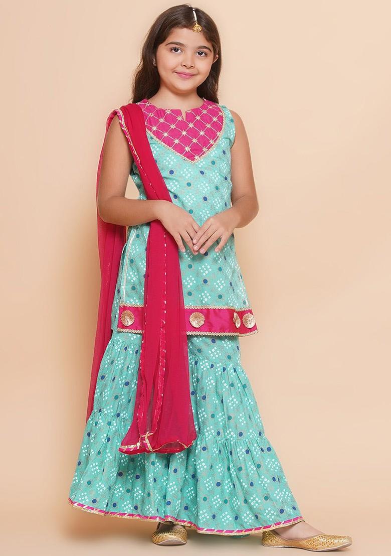 Sea Green Girls Ethnic Motifs Printed Empire Gotta Patti Kurta With Sharara And With Dupatta