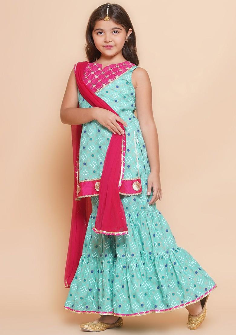 Sea Green Girls Ethnic Motifs Printed Empire Gotta Patti Kurta With Sharara And With Dupatta