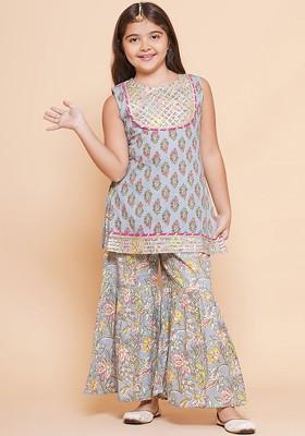 Grey Girls Ethnic Motifs Printed Regular Gotta Patti Pure Cotton Kurta With Sharara