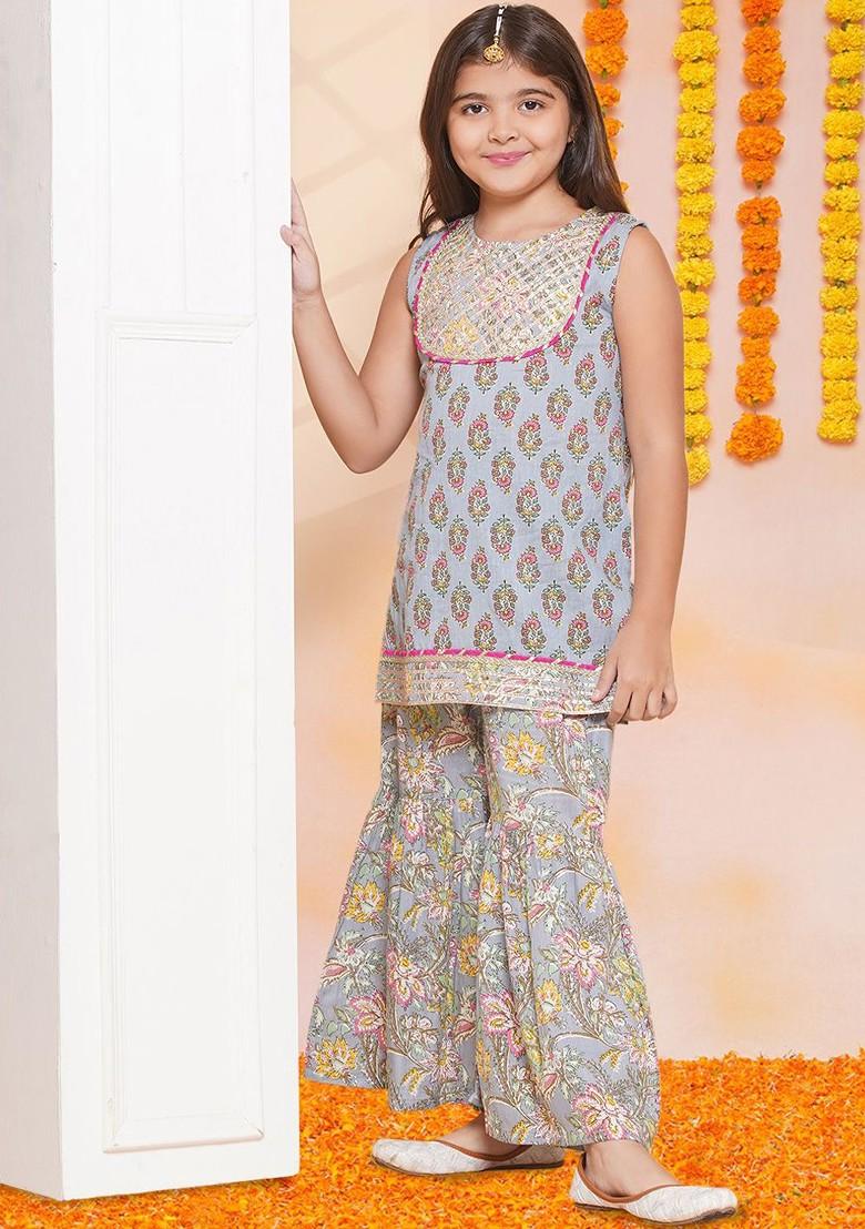 Grey Girls Ethnic Motifs Printed Regular Gotta Patti Pure Cotton Kurta With Sharara