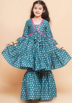 Blue Girls Floral Printed Kurta With Sharara