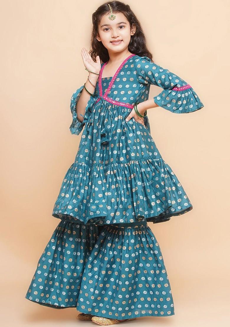 Blue Girls Floral Printed Kurta With Sharara