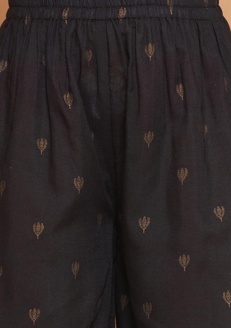 Black Girls Floral Embroidered Cotton Kurti With Sharara And Dupatta