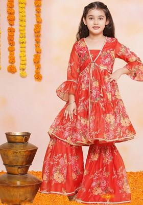 Red Girls Floral Printed Kurta With Sharara