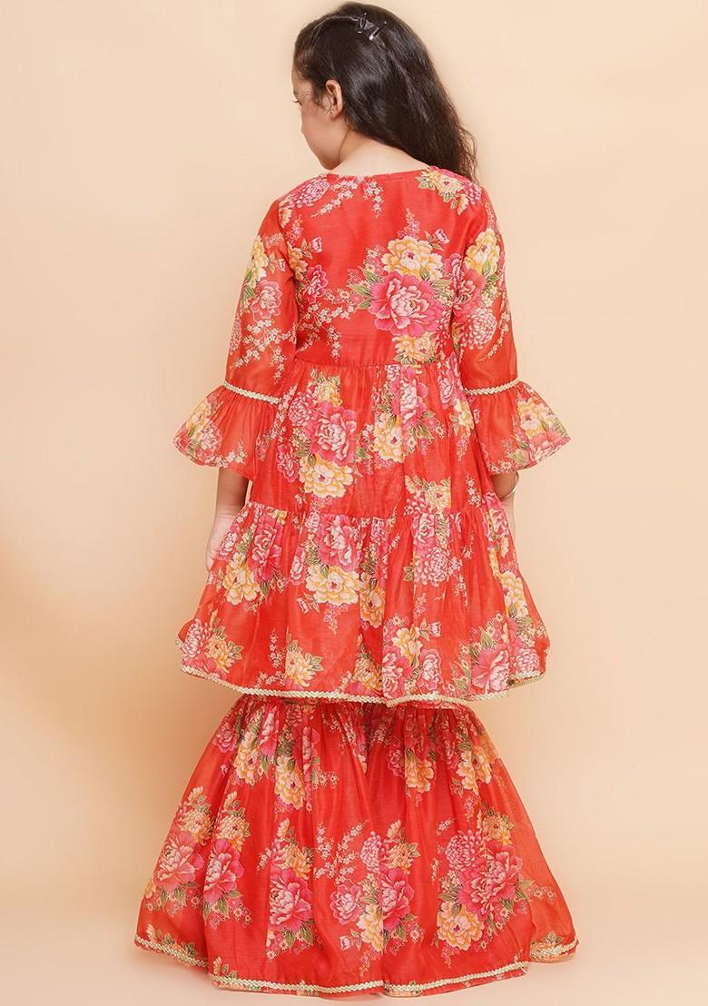 Red Girls Floral Printed Kurta With Sharara