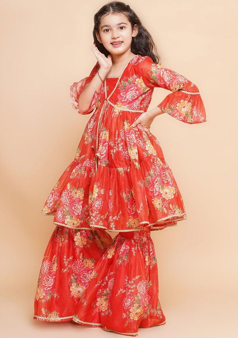 Red Girls Floral Printed Kurta With Sharara