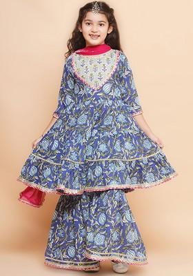 Blue Girls Floral Printed Cotton Kurta With Sharara And Dupatta
