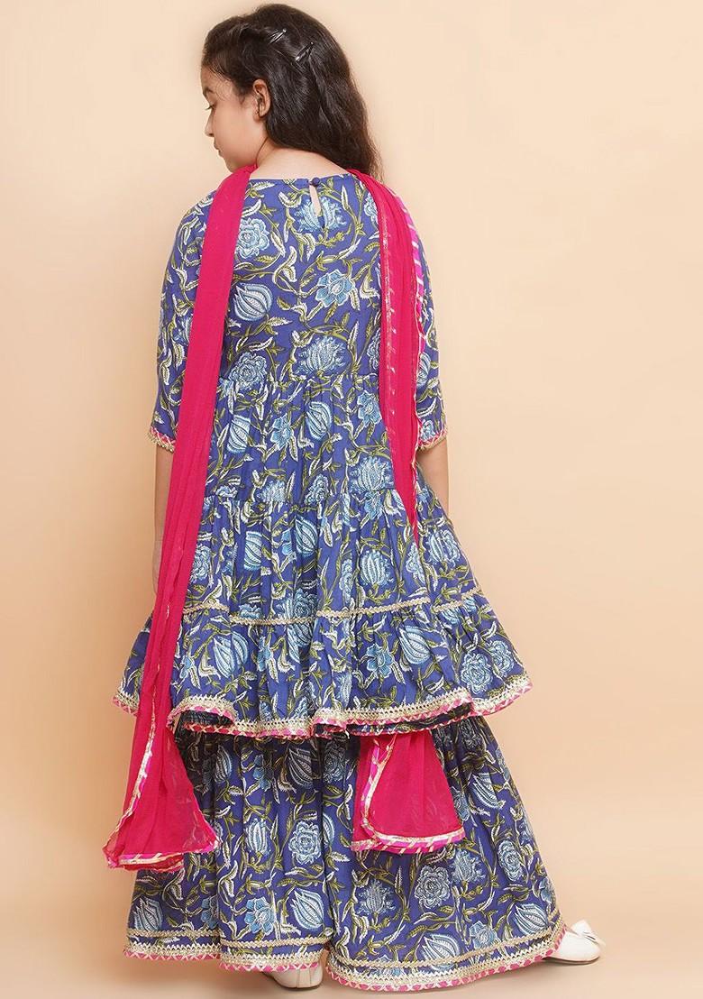Blue Girls Floral Printed Cotton Kurta With Sharara And Dupatta