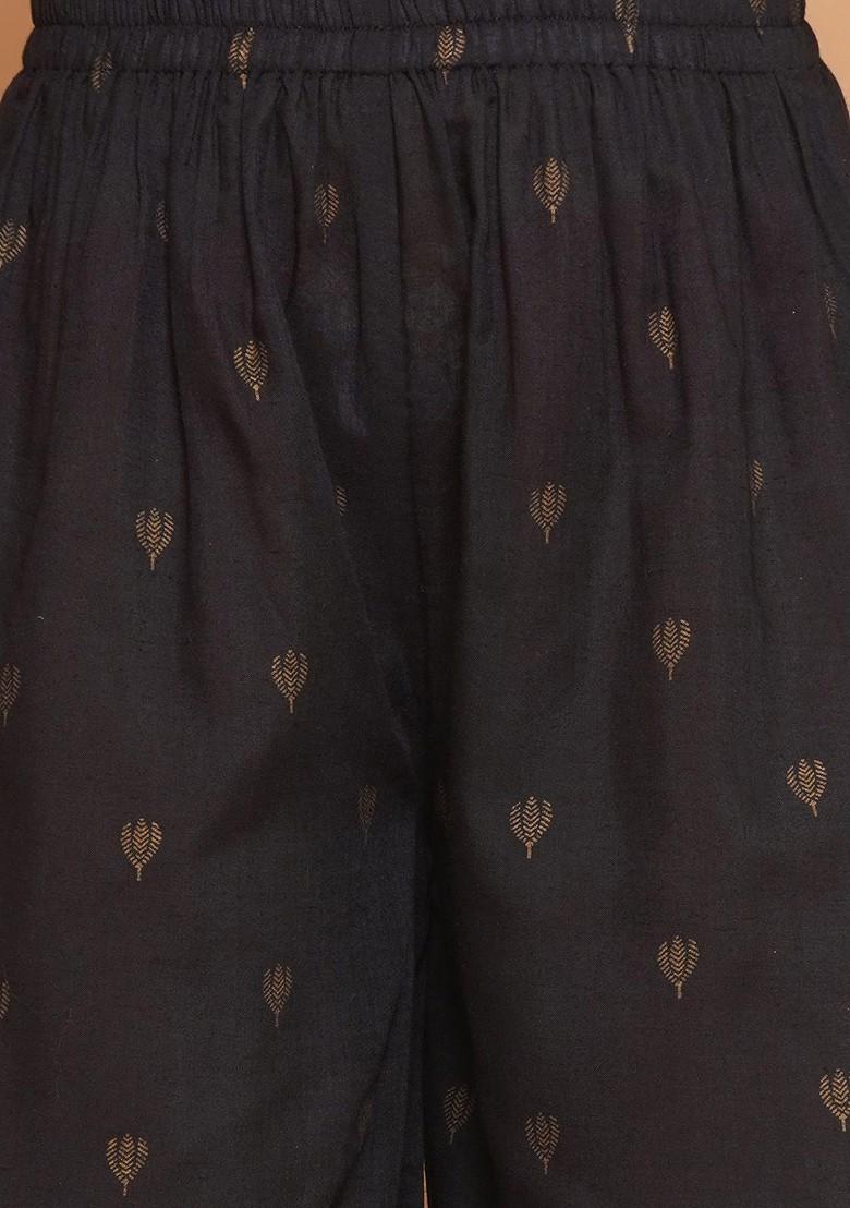 Black Girls Floral Embroidered Cotton Kurti With Sharara And Dupatta