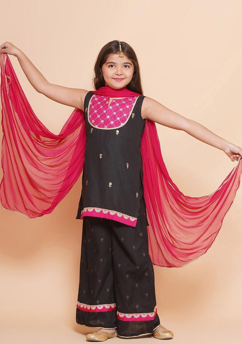 Black Girls Floral Embroidered Cotton Kurti With Sharara And Dupatta