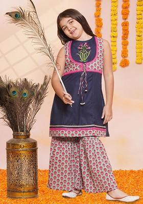Blue Girls Floral Embroidered Cotton Kurti With Sharara