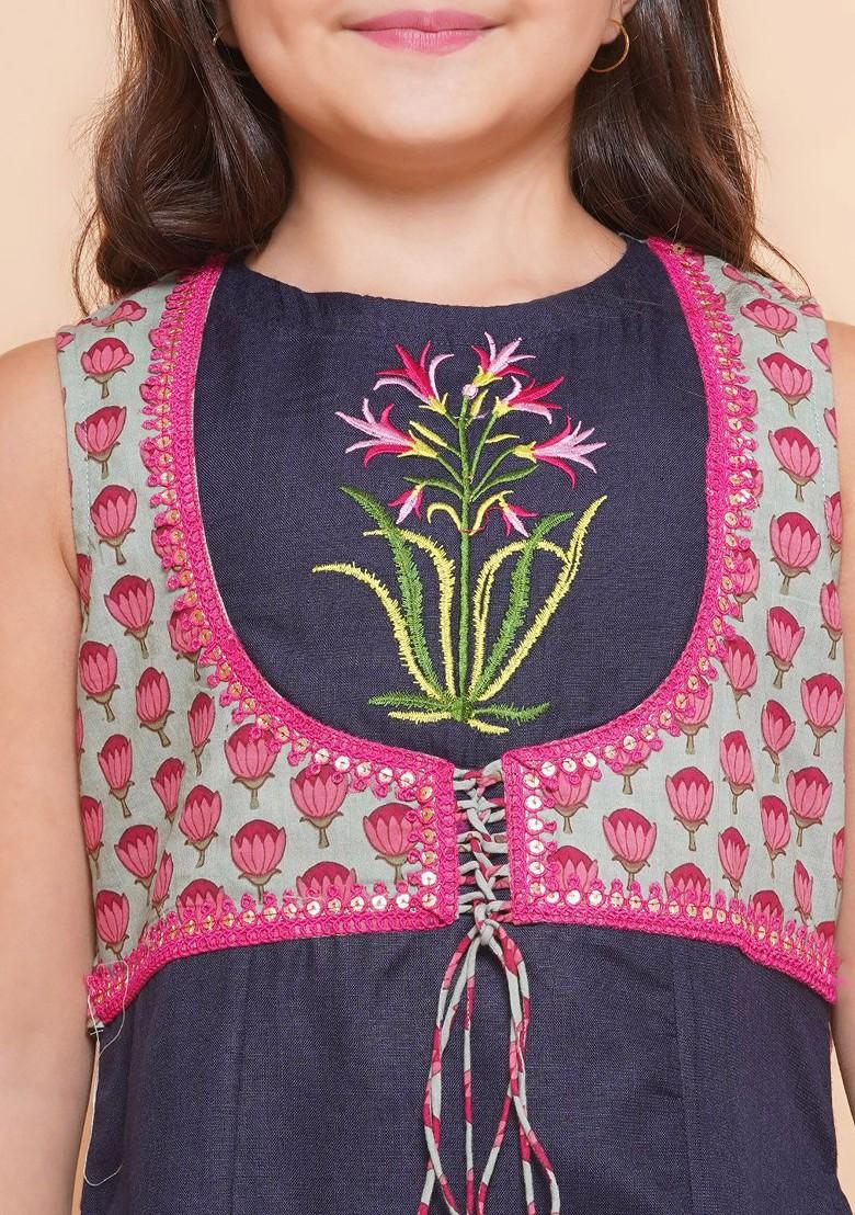 Blue Girls Floral Embroidered Cotton Kurti With Sharara
