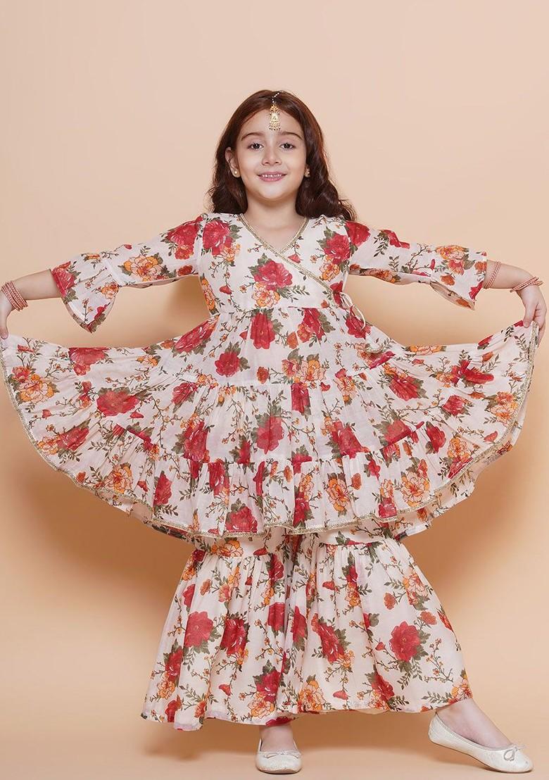 Off White Girls Floral Printed Kurta With Sharara