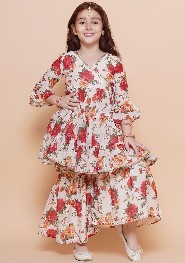 Off White Girls Floral Printed Kurta With Sharara