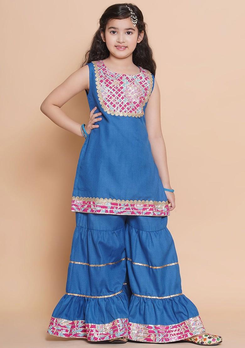 Blue Girls Floral Embroidered Cotton Kurti With Sharara