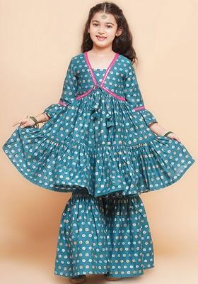 Blue Girls Floral Printed Kurta With Sharara