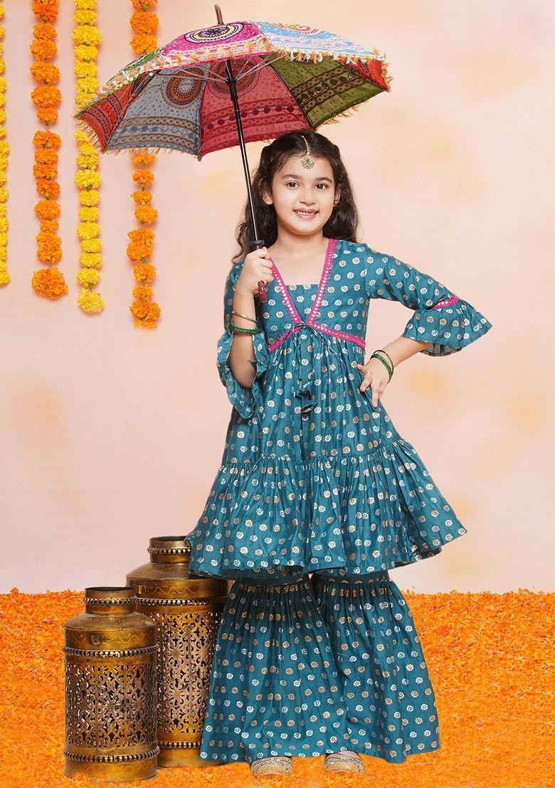 Blue Girls Floral Printed Kurta With Sharara