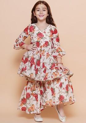 Off White Girls Floral Printed Kurta With Sharara
